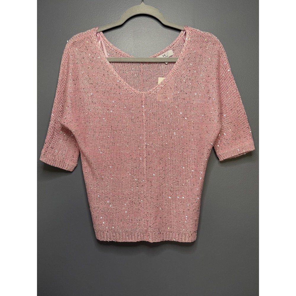 Halston Sweater Women S Pink Sequin V Neck Crochet Open Knit Short Slv Party Top